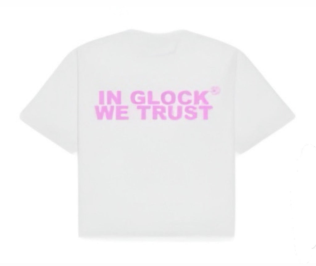 IN GLOCK WE TRUST WHITE / PINK TEE