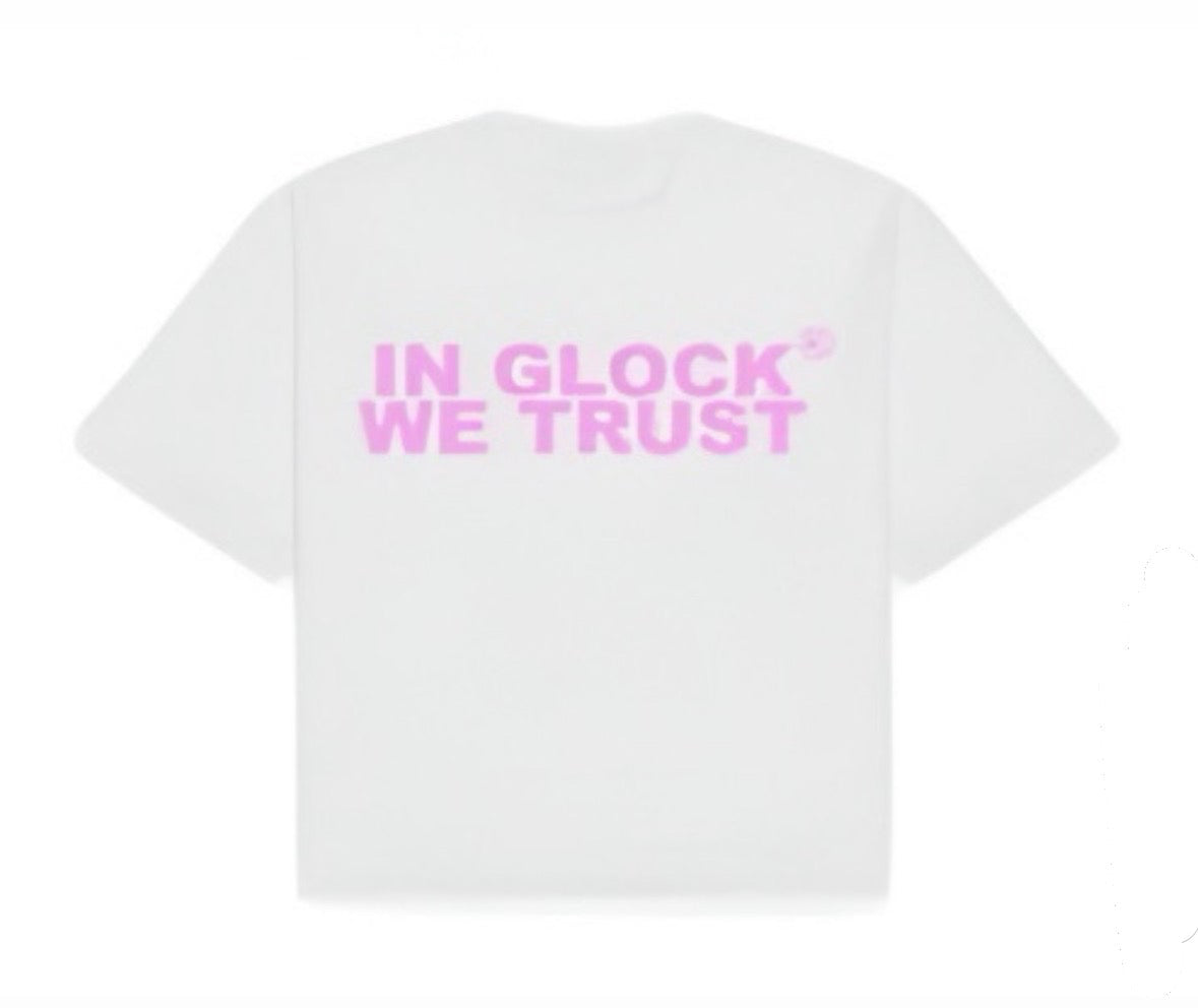 IN GLOCK WE TRUST WHITE / PINK TEE