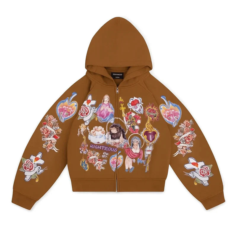 RIGHTEOUS RISEN KING ZIP UP HOODIE BROWN