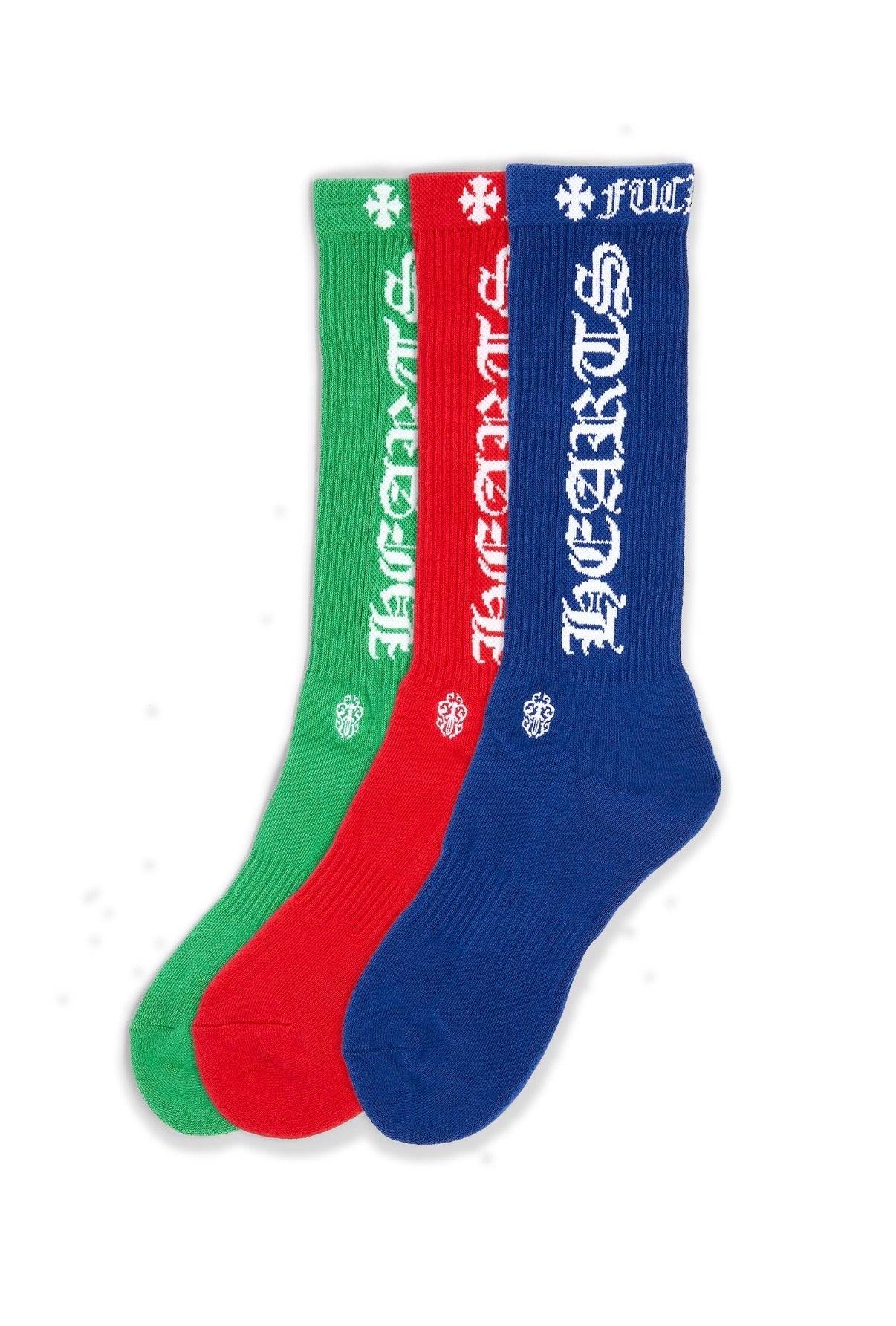 CHROME HEARTS "FUCK YOU" LOGO SOCKS GREEN, RED, BLUE (3 PACK)