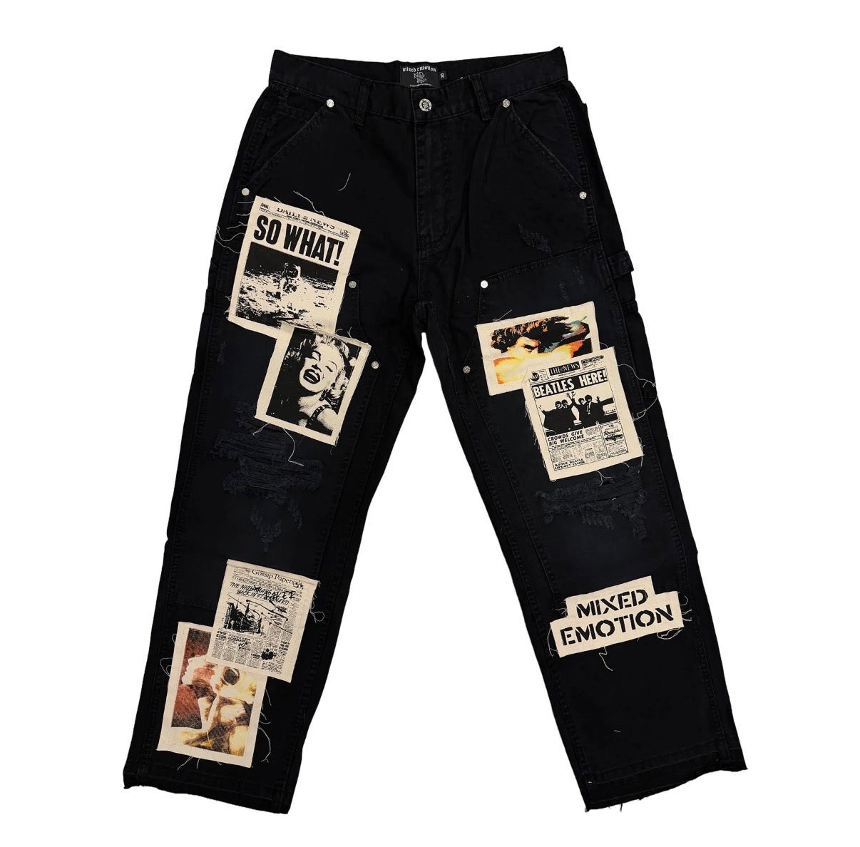 MIXED EMOTION BLACK NEWSPAPER CARPENTER PANTS