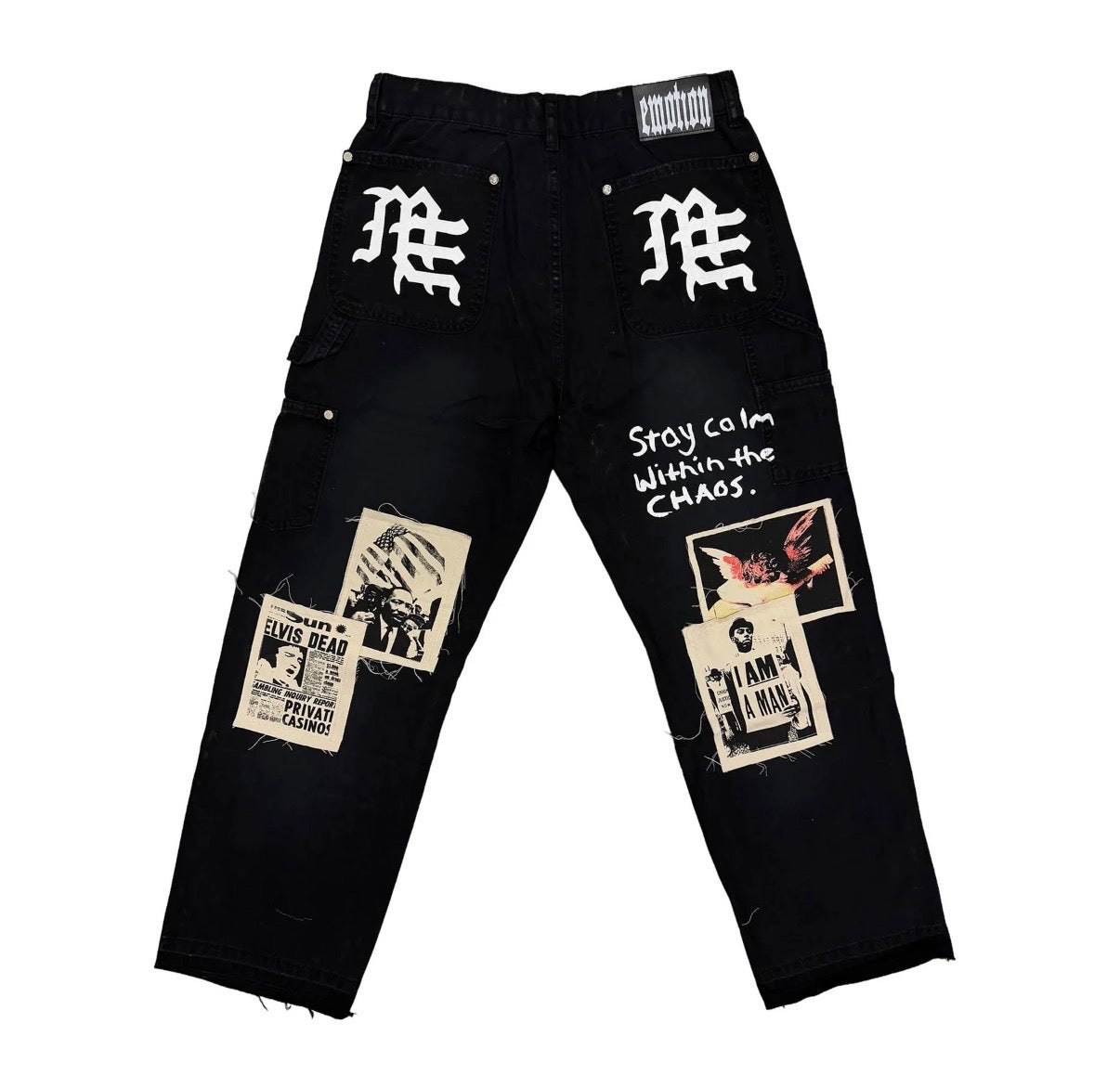 MIXED EMOTION BLACK NEWSPAPER CARPENTER PANTS