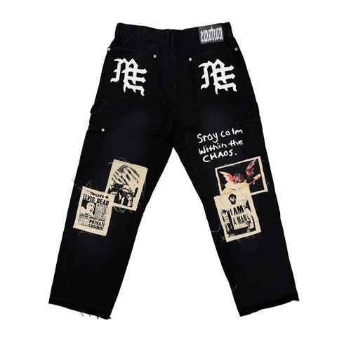 MIXED EMOTION BLACK NEWSPAPER CARPENTER PANTS