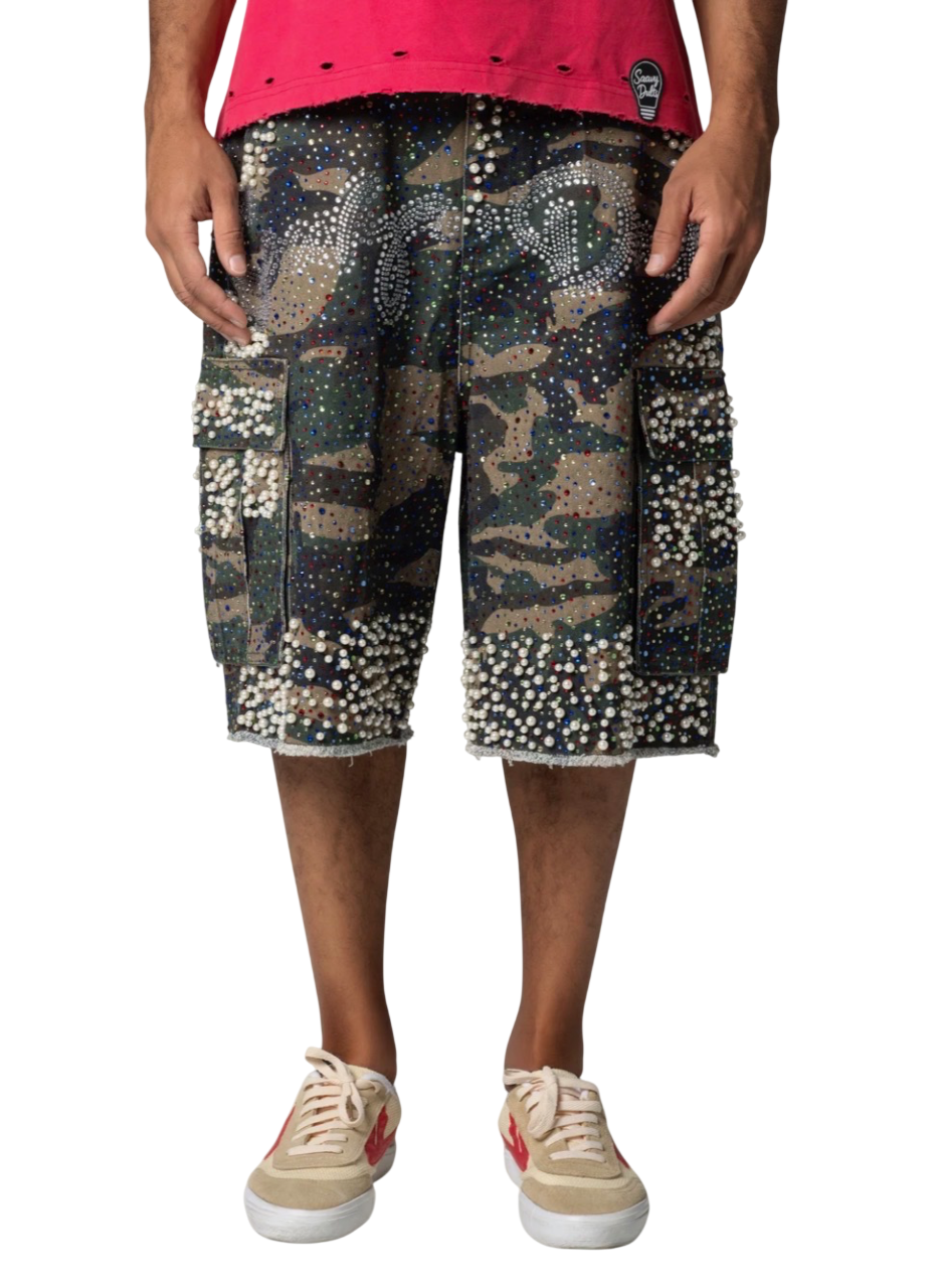 SAAVY DULTS CAMOU RHINESTONE JORTS