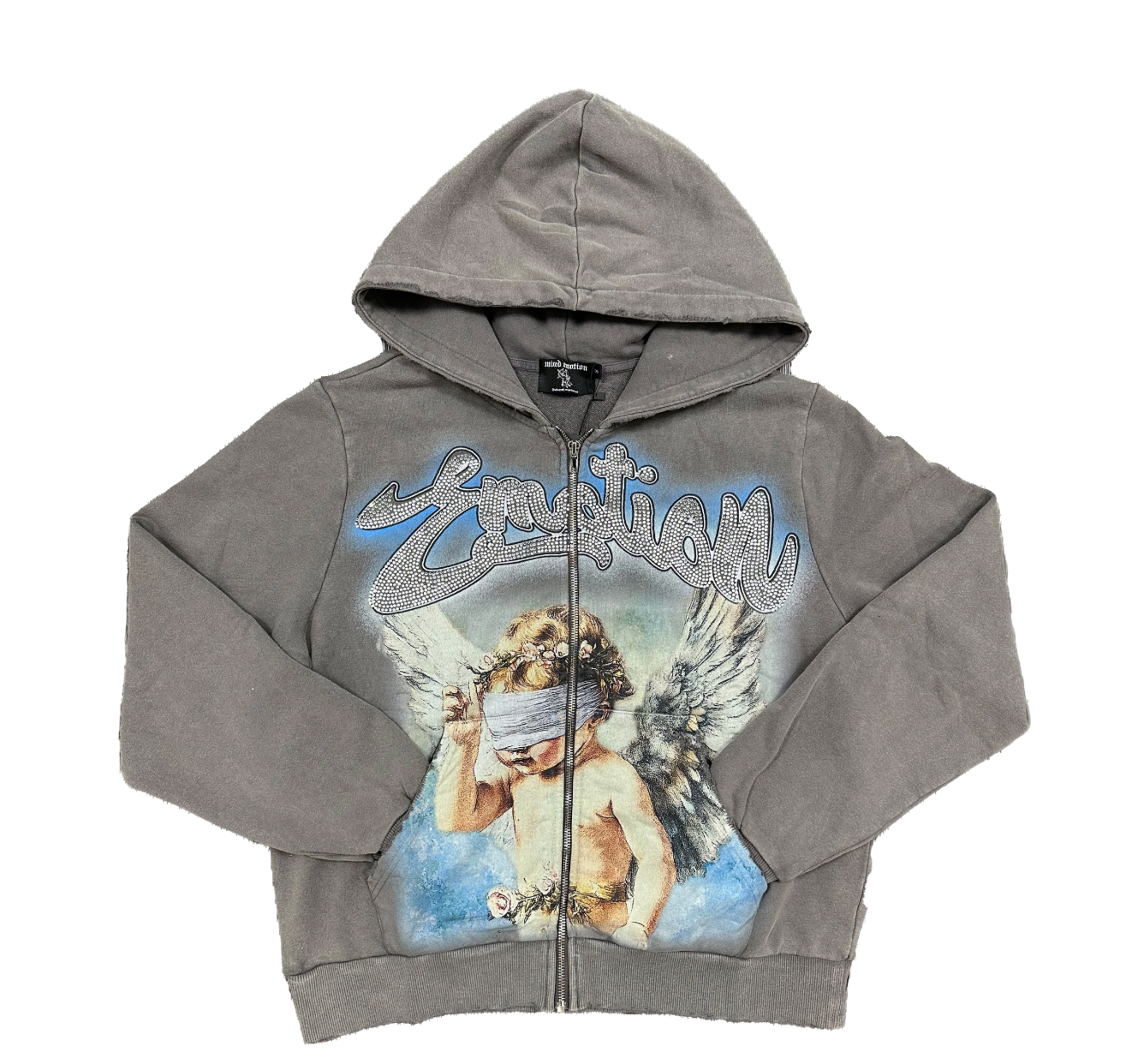 MIXED EMOTION GREY RHINESTONE HOODIE