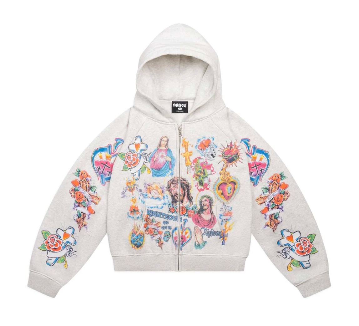 RIGHTEOUS RISEN KING ZIP UP WHITE HOODIE