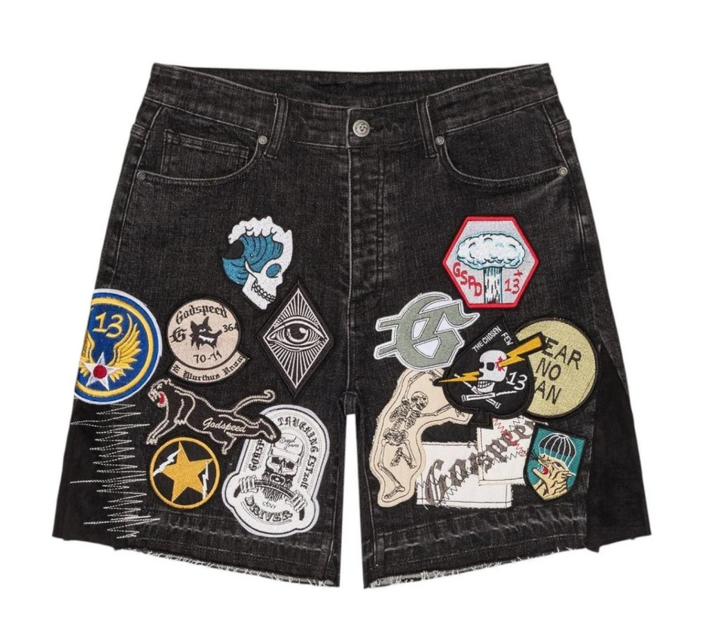 GODSPEED PATCHWORK DENIM JORTS V2 BLACK WASH