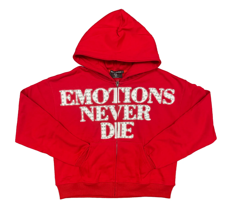 MIXED EMOTIONS RED "END" RHINESTONE HOODIE