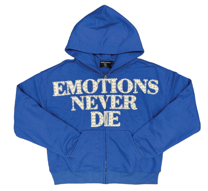 MIXED EMOTIONS BLUE "END" RHINESTONE HOODIE