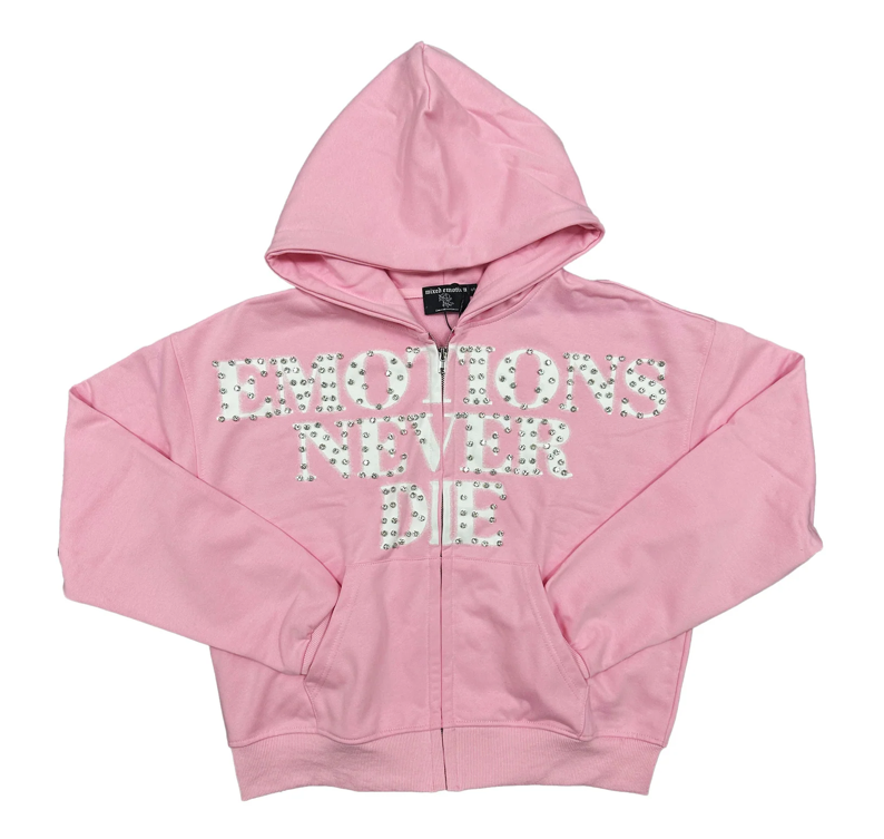 MIXED EMOTIONS PINK "END" RHINESTONE HOODIE