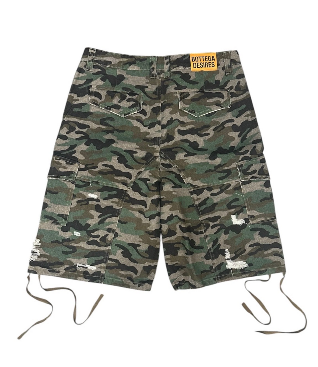 BOTTEGA DESIRES CAMO CARGO SHORTS