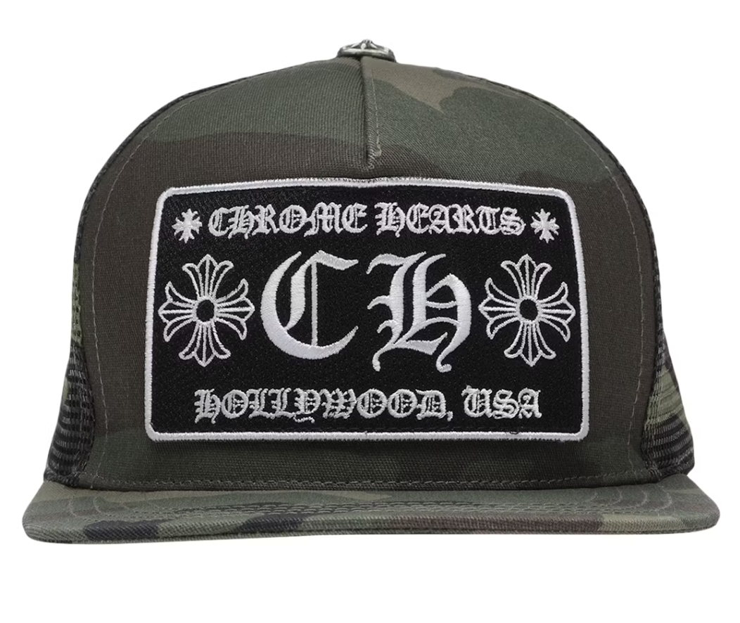 CHROME HEARTS HOLLYWOOD CAMO TRUCKER HAT