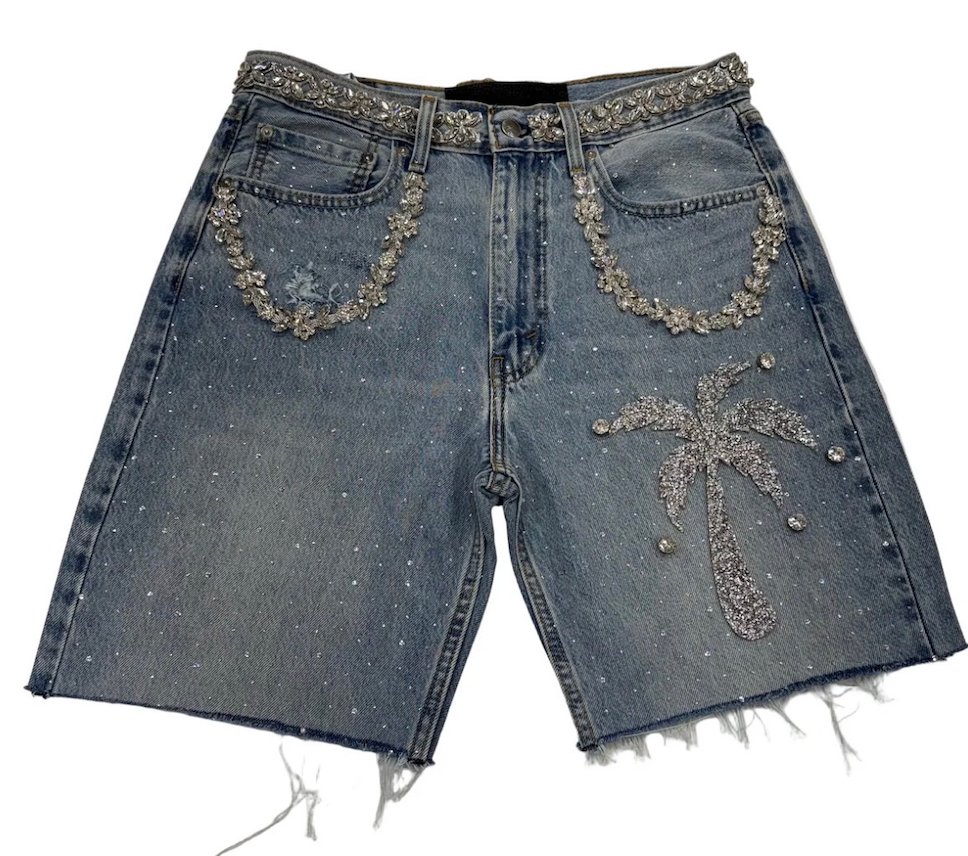 ROOT OF EVIL PALM TREE CRYSTAL JEAN SHORTS