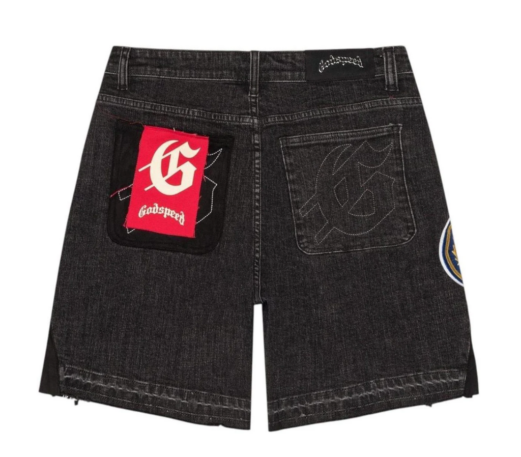 GODSPEED PATCHWORK DENIM JORTS V2 BLACK WASH