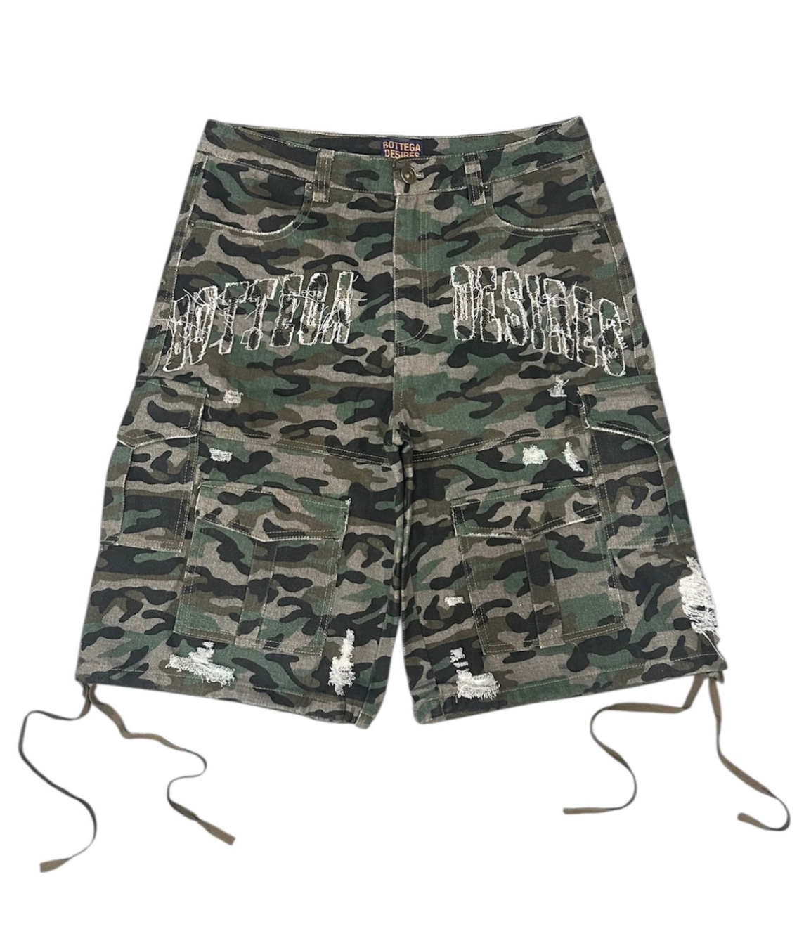 BOTTEGA DESIRES CAMO CARGO SHORTS