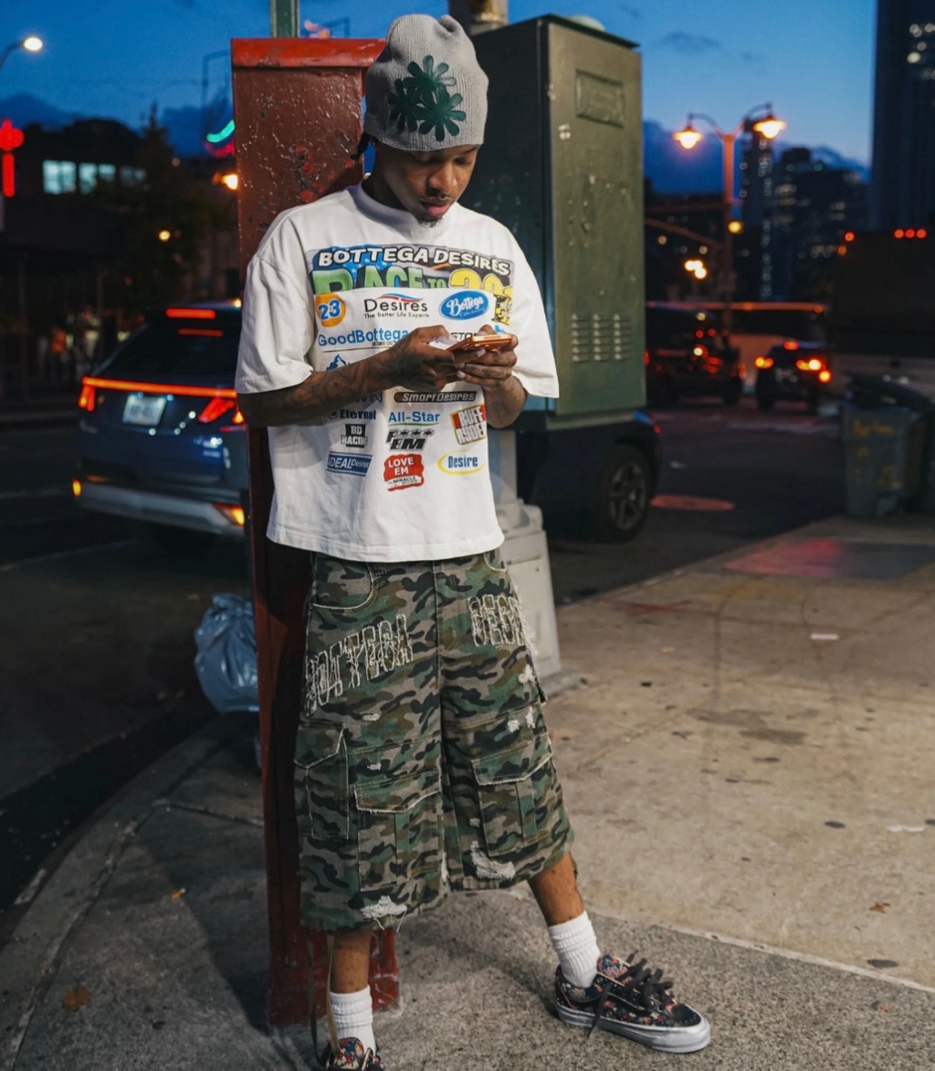 BOTTEGA DESIRES CAMO CARGO SHORTS