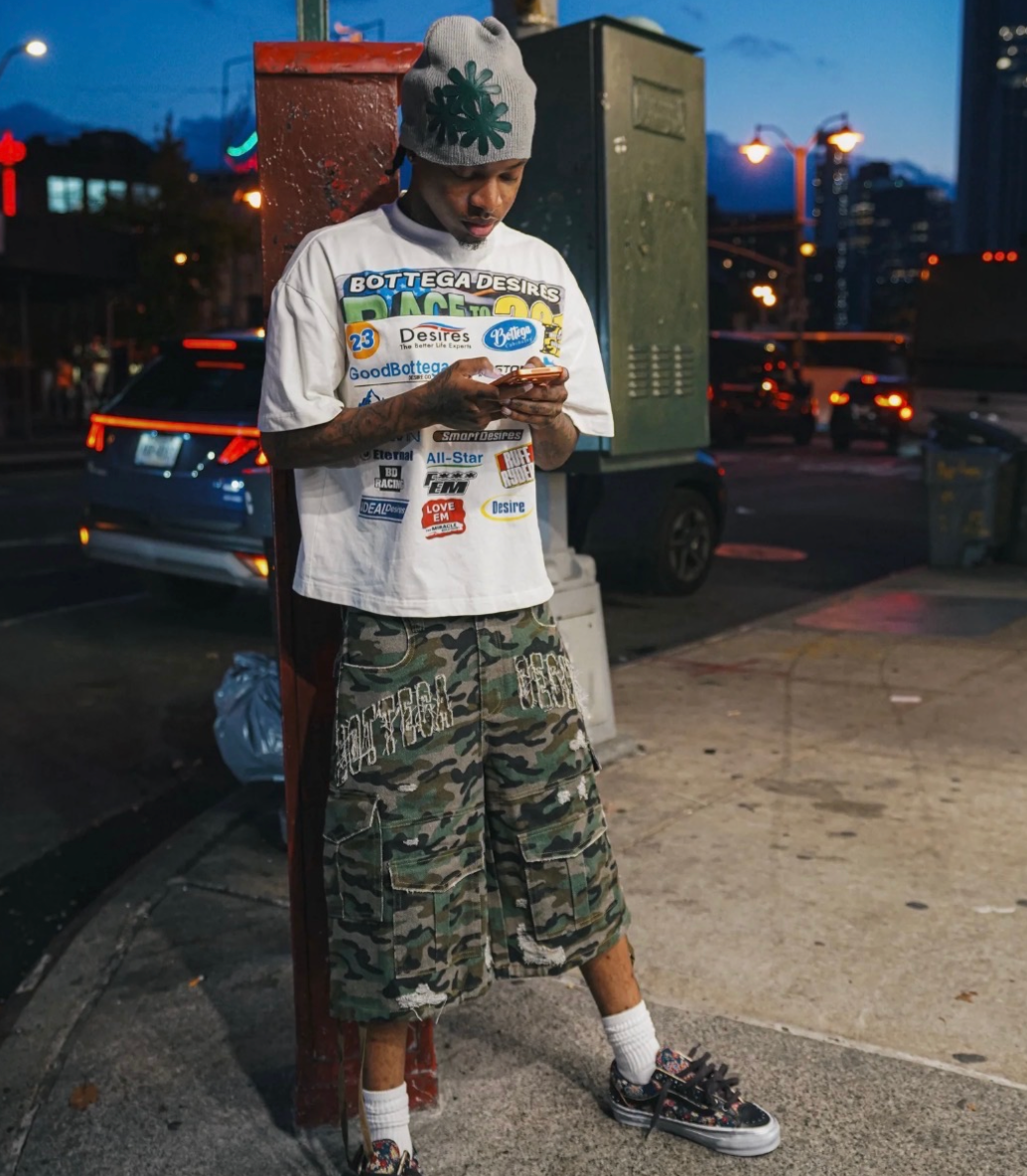 BOTTEGA DESIRES CAMO CARGO SHORTS