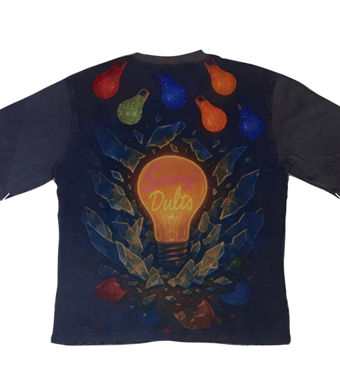 SAAVY DULTS BLUE ACID WASH EINSTEIN RHINESTONE TEE