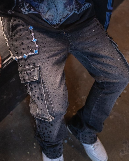 PAPER MONEY BLACK WASH CRYSTALLIZED PEARL PANTS